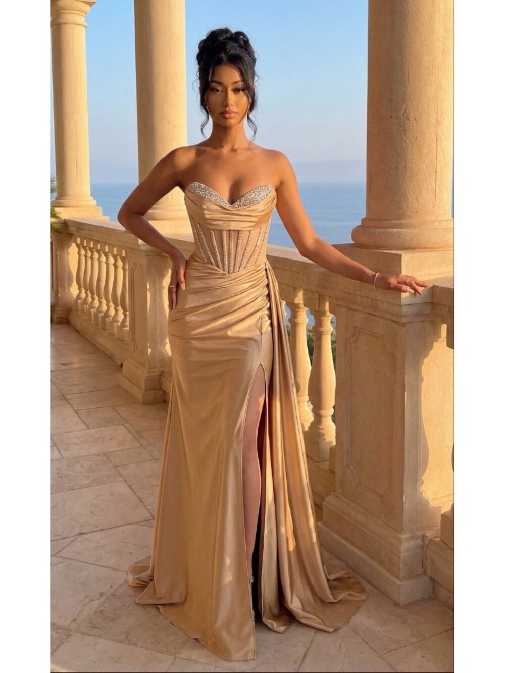 Amelia couture Size 8 Prom Dress Champagne Long Maxi Gown Glam Beaded